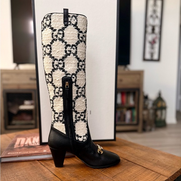 NWT GUCCI Zumi GG Monogram Tweed and Leather Knee-High Boots - Picture 4 of 10
